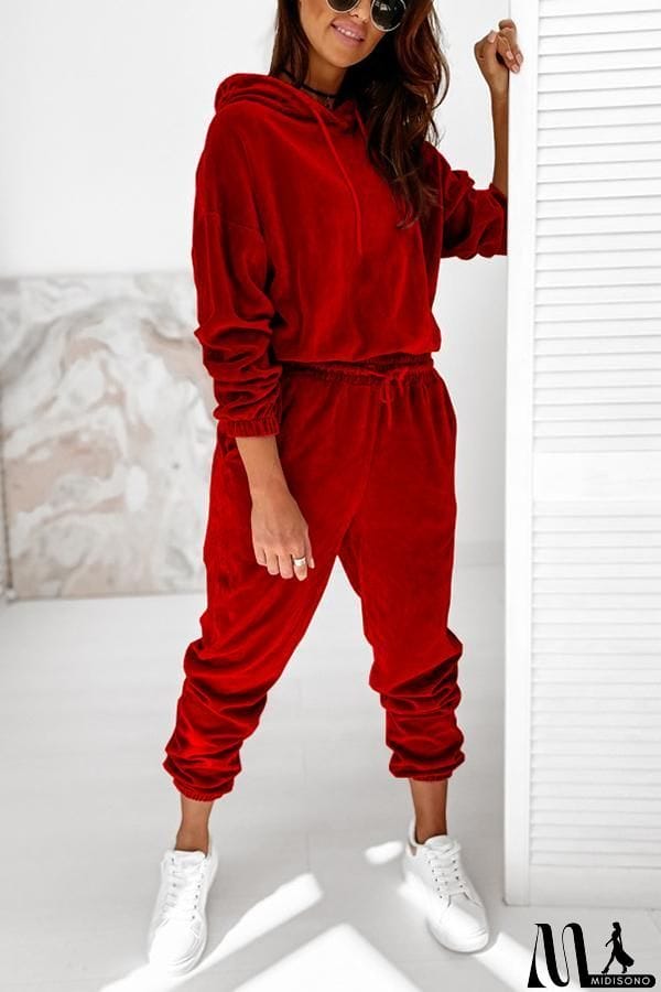 MidiSono - Velvet Drawstring Hooded Joggrt Set