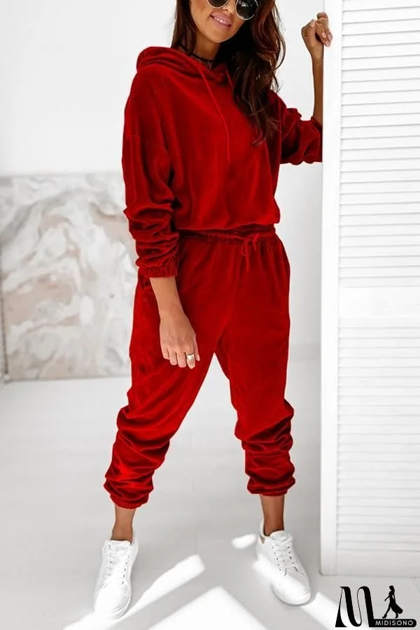 MidiSono - Velvet Drawstring Hooded Joggrt Set