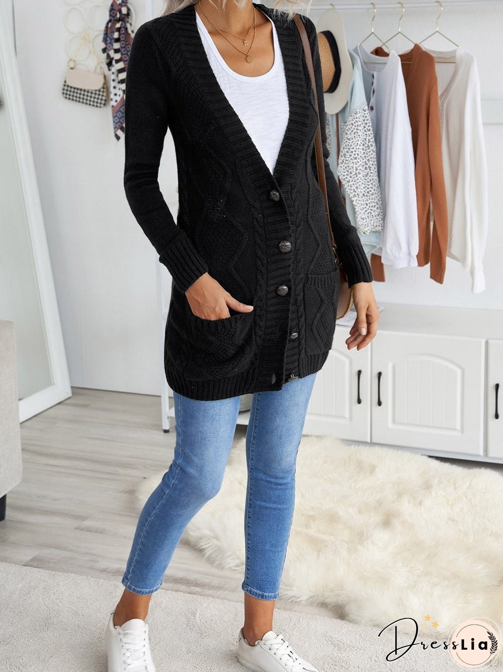 Cozy Black Knit Cardigan with Button-Up Front and Pockets