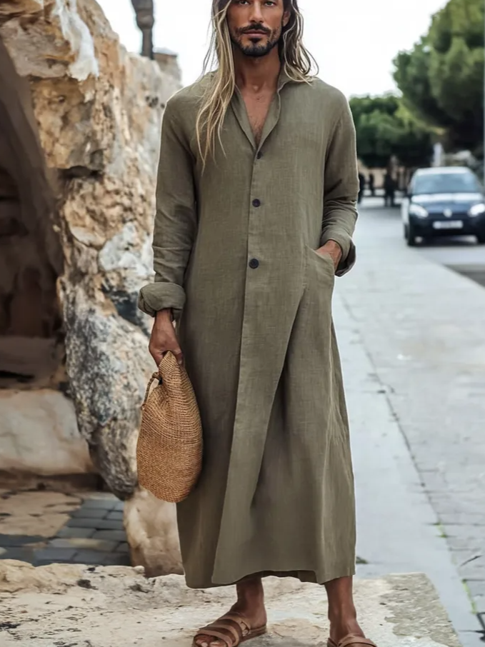 Olive Linen V-neck Kaftan
