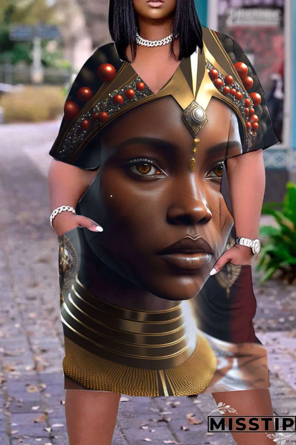 Olive Green Casual Print Patchwork V Neck Straight Dresses