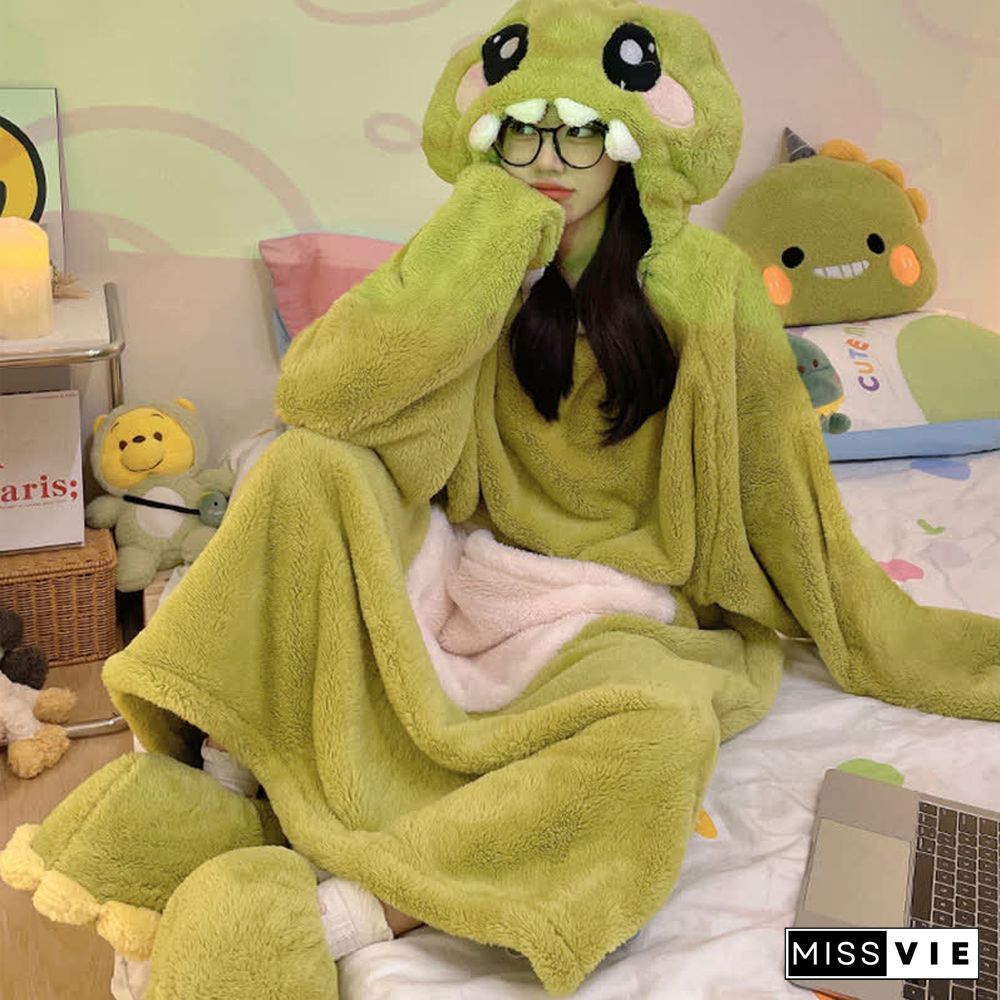 Funny Cartoon Dinosaur Plush Hooded Jumpsuit Pajamas Dress