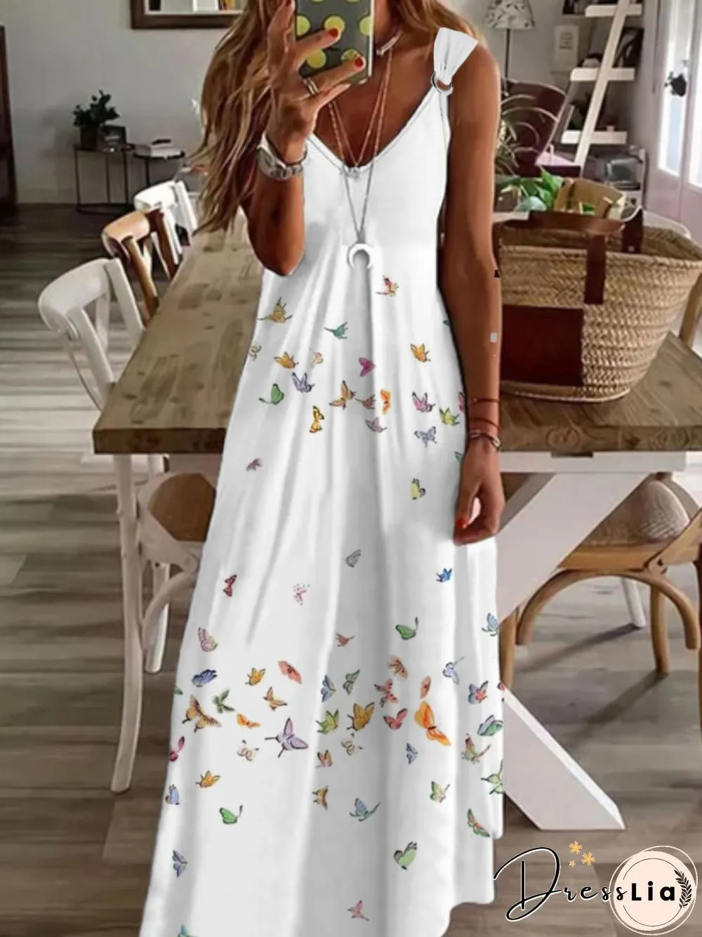 Casual Butterfly Sleeveless V Neck Plus Size Printed Dress