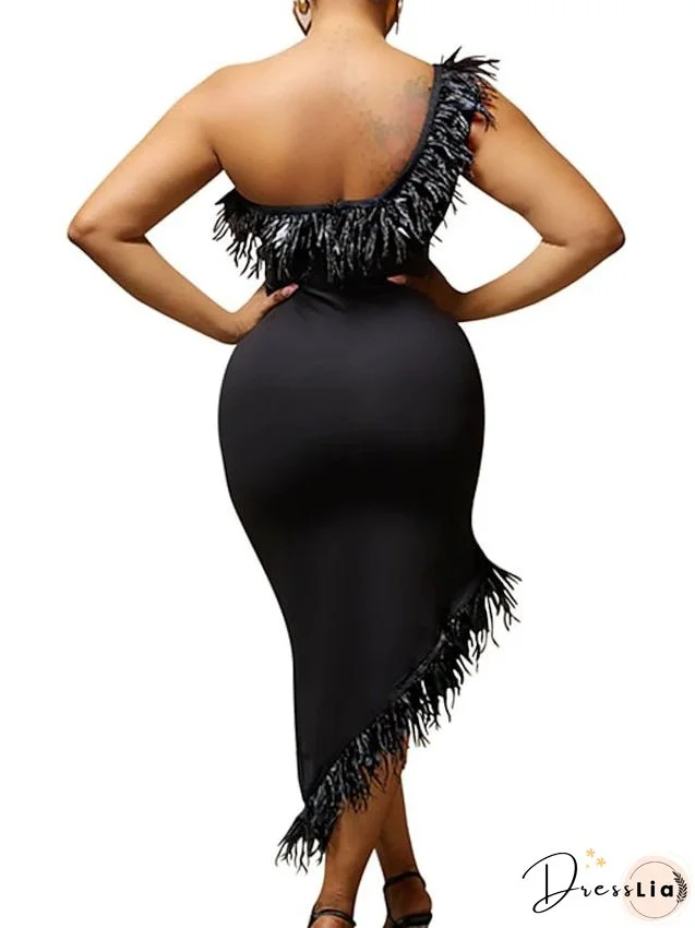 Semi Formal Party Dress Feather Dress Bodycon Midi Dress Black Blue Orange Sleeveless Pure Color Backless Winter Fall One Shoulder Slim S M L XL 2XL for Women