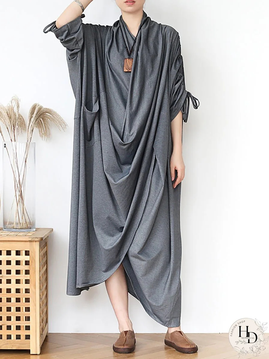 Vintage Solid Pleated Irregular Long Dress Summer