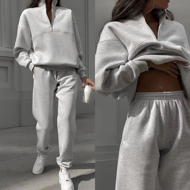 Women's Casual Loose Pullovers Zippers Elastic Waist Trousers Sweatshirt Tracksuit Sets