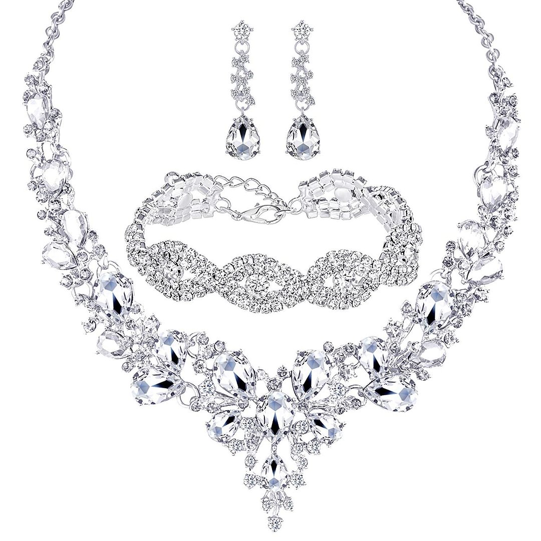 Choker Necklace for Women - Jewelry Sets for Women,Rhinestone Crystal Necklace Link Bracelet Teardrop Dangle Earrings for Women,Party Mother's Day Prom Wedding Fashion Jewelry Gift