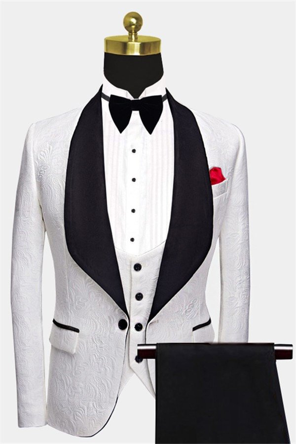 Three Pieces Floral White Men Suits with Black Lapel Dinner Suits for Men | Ballbellas Ballbellas