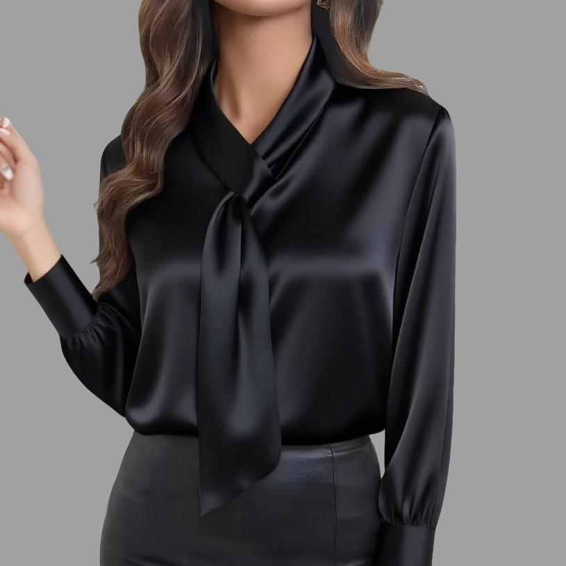 Women's Elegant Black Solid Color Tie Neck Long Sleeve Blouse