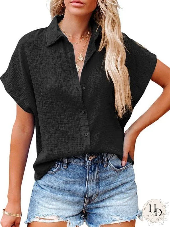 Versatile Solid Collar Loose Fit Blouse with Short Sleeves