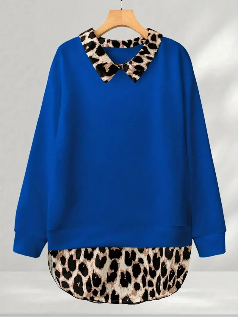 【Plus Size】 Leopard Print Curved Hem Pullover Sweatshirt, Casual Long Sleeve Sweatshirt for Fall & Winter, Women's Clothing for Daily Wear 【Plus Size】 Leopard Print Curved Hem Pullover Sweatshirt, Casual Long Sleeve Sweatshirt for Fall & Winter, Women's Clothing for Daily Wear