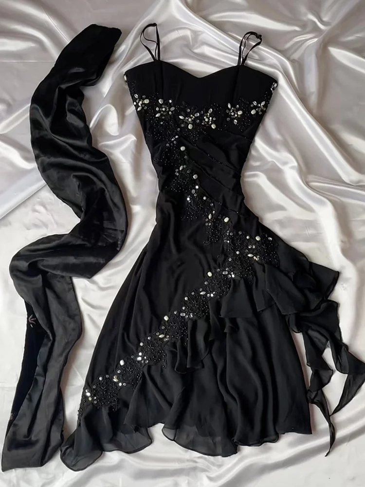 Sequinned Flower Embroidered Ruffled Sleeveless Spaghetti-Neck Chiffon Mini Dresses Fairytale Midi Dress