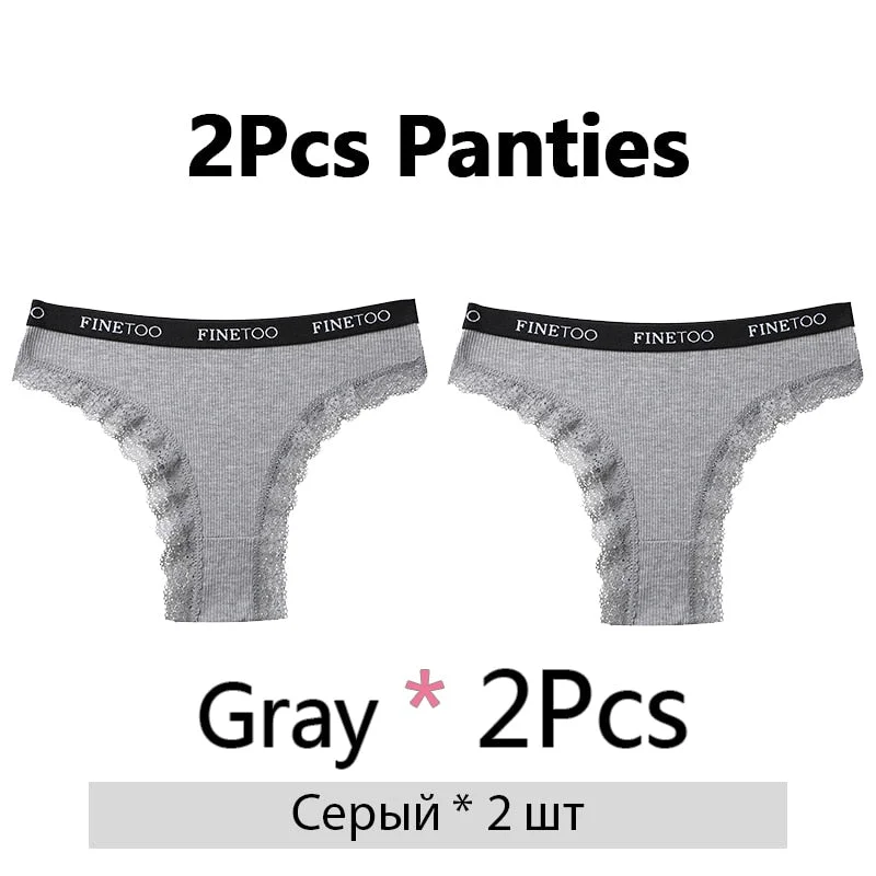 FINETOO 2Pcs/Set Cotton Panties for Women Sexy Ladies Lace G-string Solid Color Thongs Girls Plus Size M-2XL Underwear Lingerie