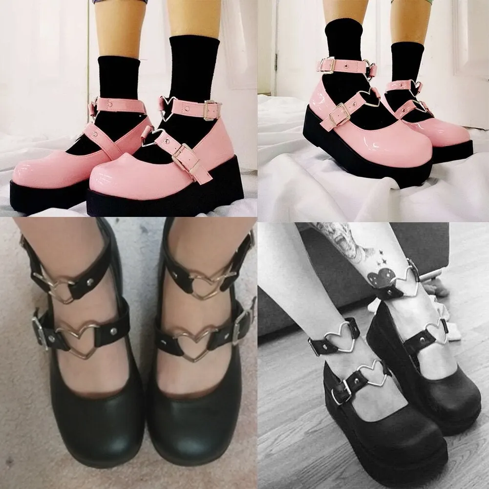 Large Size 43 Female Lolita Marry Jane Pumps Heart Buckle Platform Cosplay Brand Women Pumps Sweet Punk Cool Shoes Woman