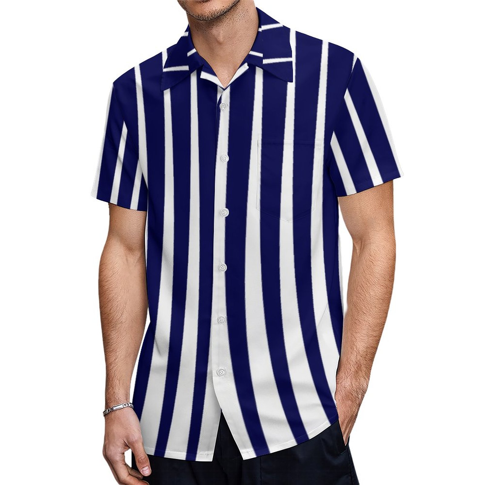Dark Blue And White Irregular Vertical Stripes Hawaiian Shirt Mens Button Down Tropical Hawaii Beach Shirts