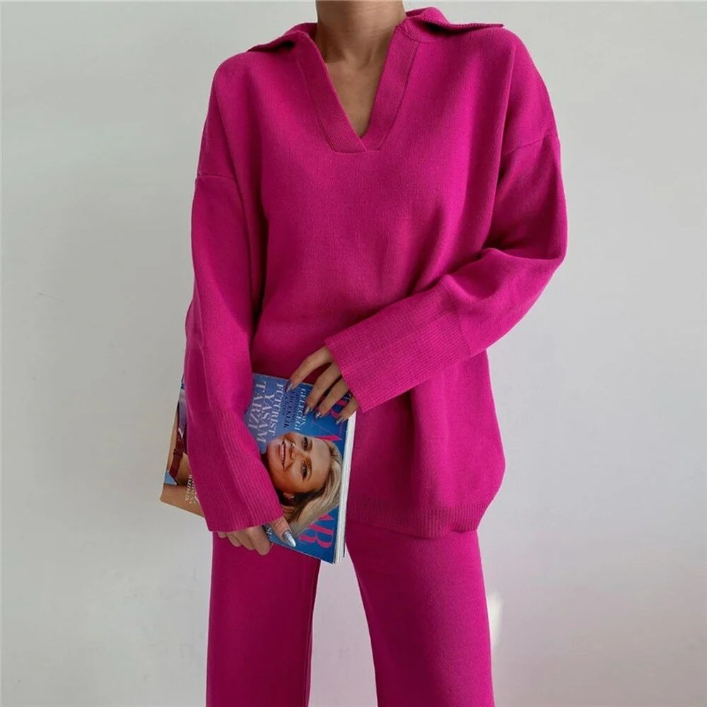 Fall Winter Green Knitted Sweater Two Piece Suits Casual V-neck Pullover Long Wide Leg Tracksuits Women Loose Solid Sweater Sets