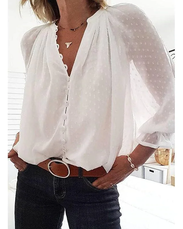 Women's Blouse Shirt Solid Colored Long Sleeve V Neck Tops Chiffon Streetwear Basic Top White-828-Mixcun