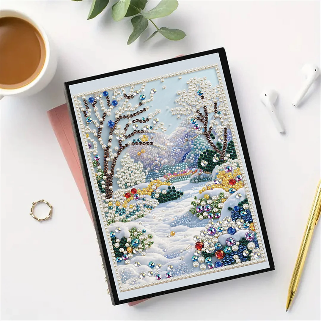 Winter Forest Partial Pearl DIY 50 Pages A5 Diamond Painting Notebook Special Shaped Diamond Art Diary Book Kits Wireless Strip 5D Crystal Art Paintings Sketchbook for Art Drawing