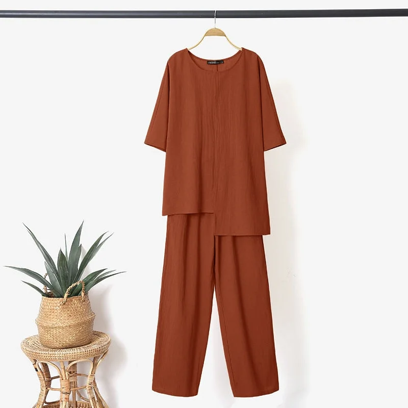 2PCS Pant Sets Fashion Women Sets ZANZEA 2022 Elegant Half Sleeve Blouse Wide Leg Long Trousers Suits Loose Summer Matching Sets