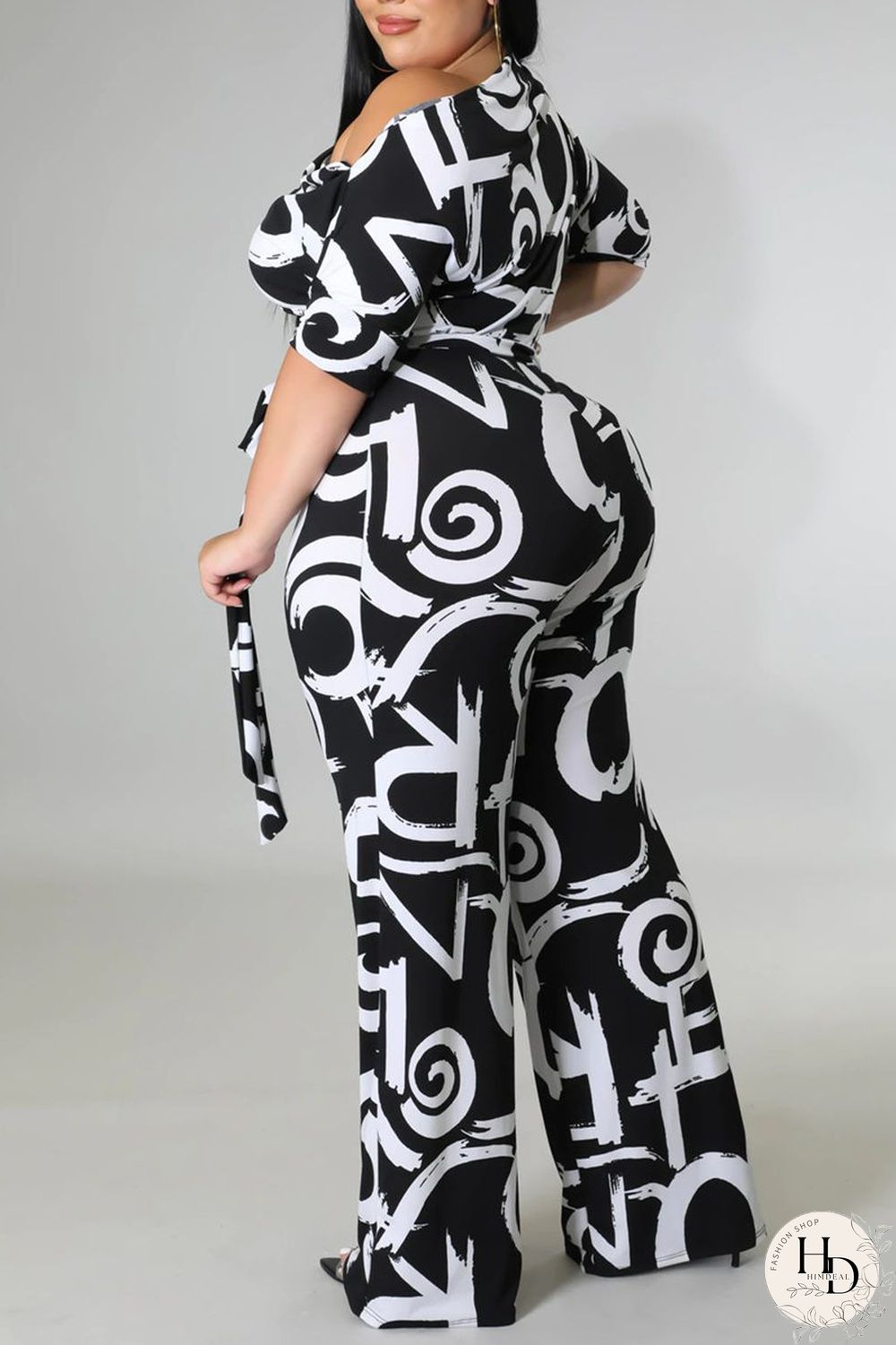 Black And White Fashion Casual Print Basic Oblique Collar Plus Size Jumpsuits