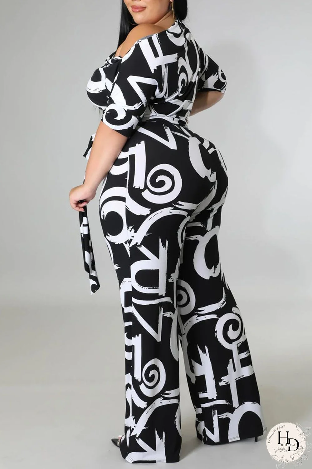 Black And White Fashion Casual Print Basic Oblique Collar Plus Size Jumpsuits