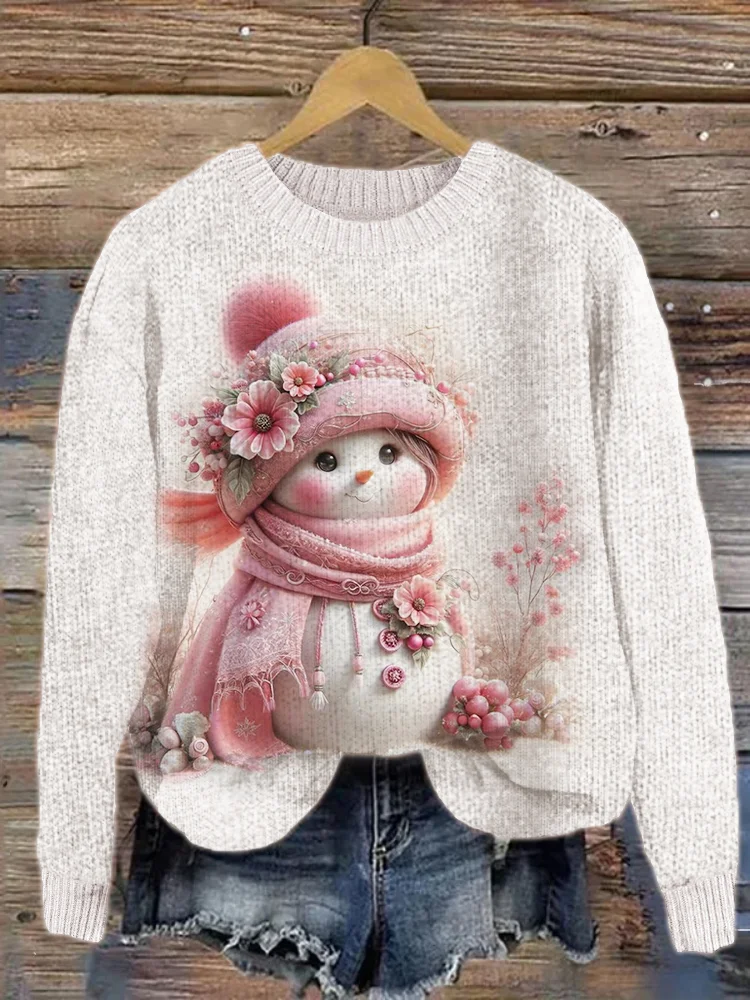 Lovely Pink Floral Snowman Art Cozy Knit Sweater