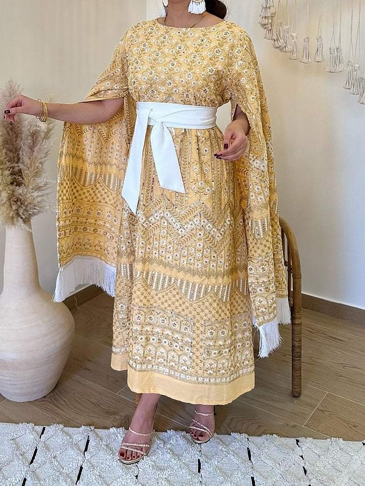 Fresh Floral Print Round Neck Extra Long Sleeve Dress