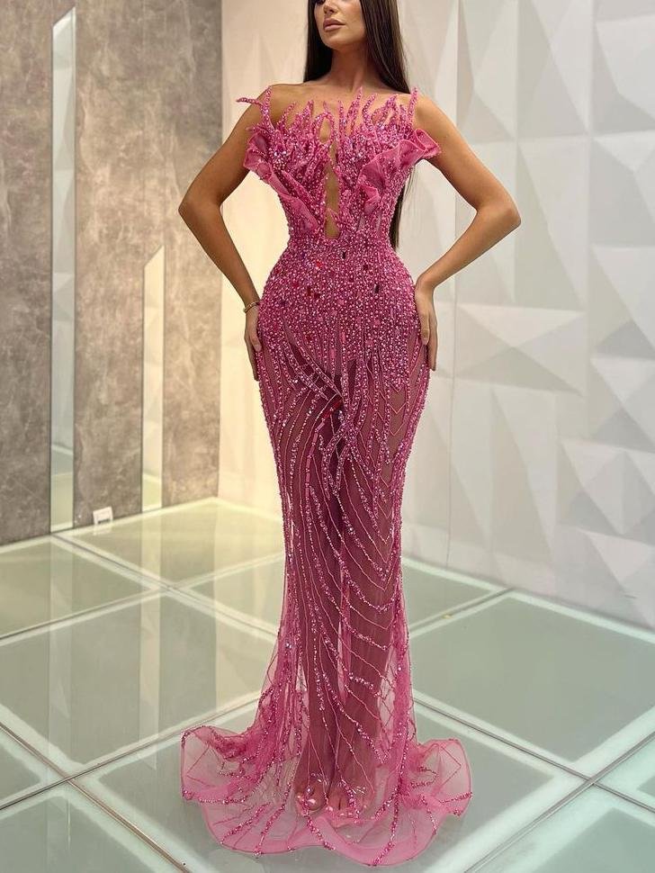 Neosepa-Gorgeous Strapless Sleeveless Sequins Pink Transparent Fishtail Party Gown