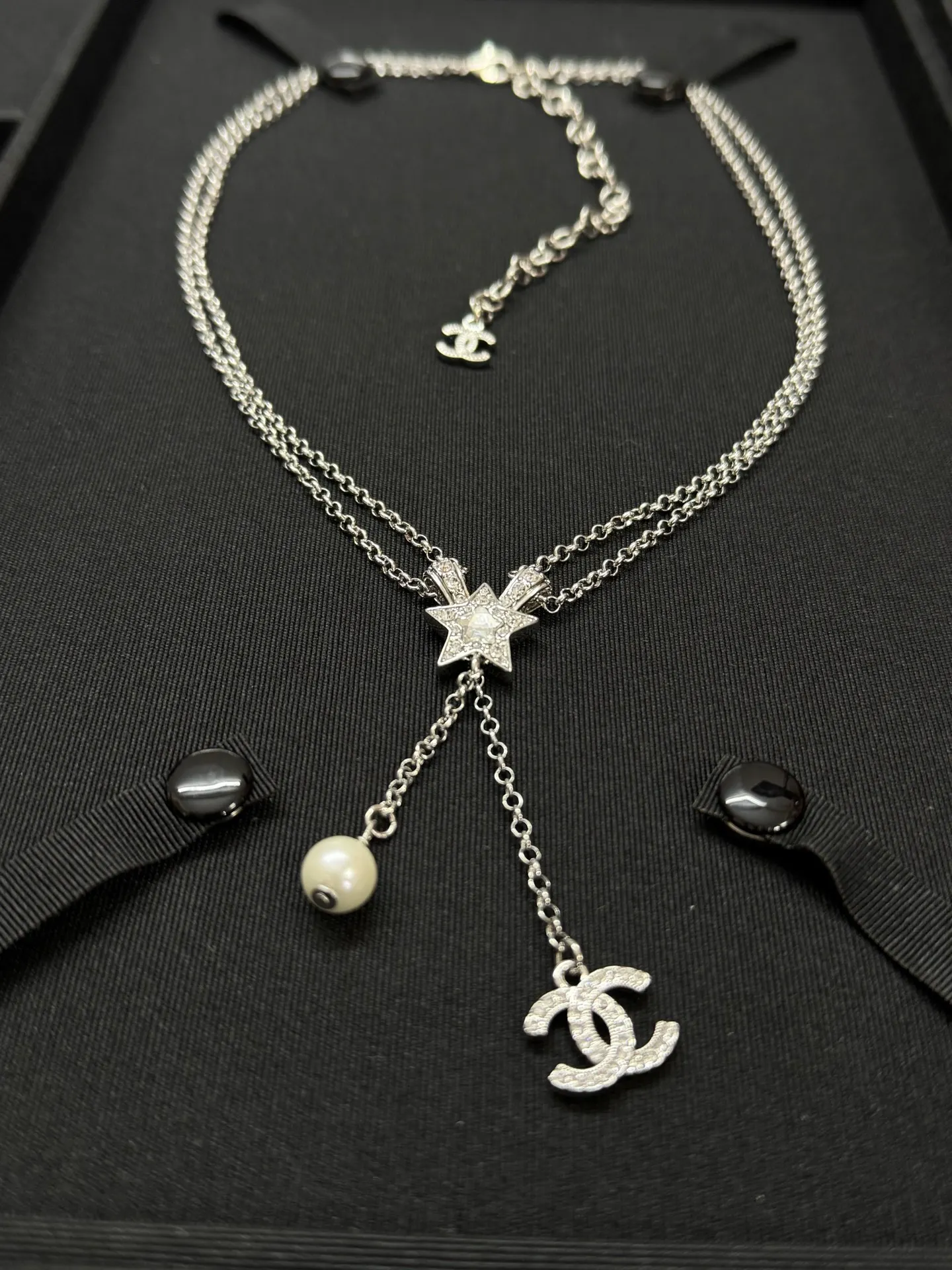 Chanel Two Layered Star with CC and Pearl Tassel Necklace