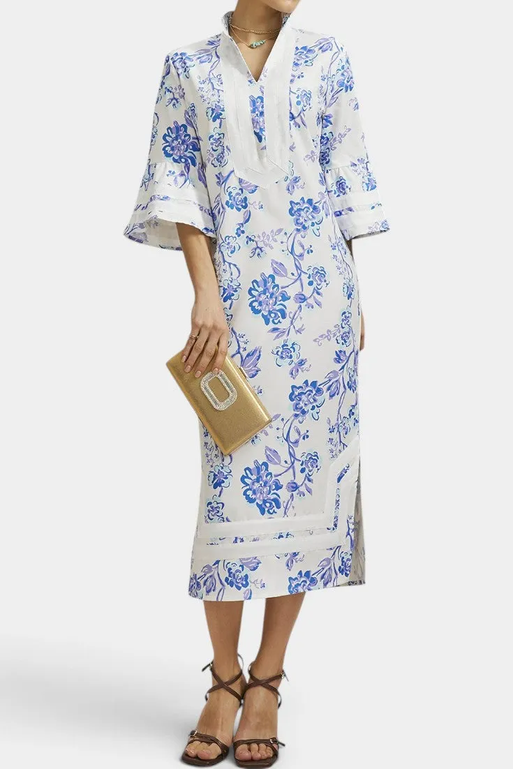 Floral V-Neck Midi Dress with Flared Sleeves