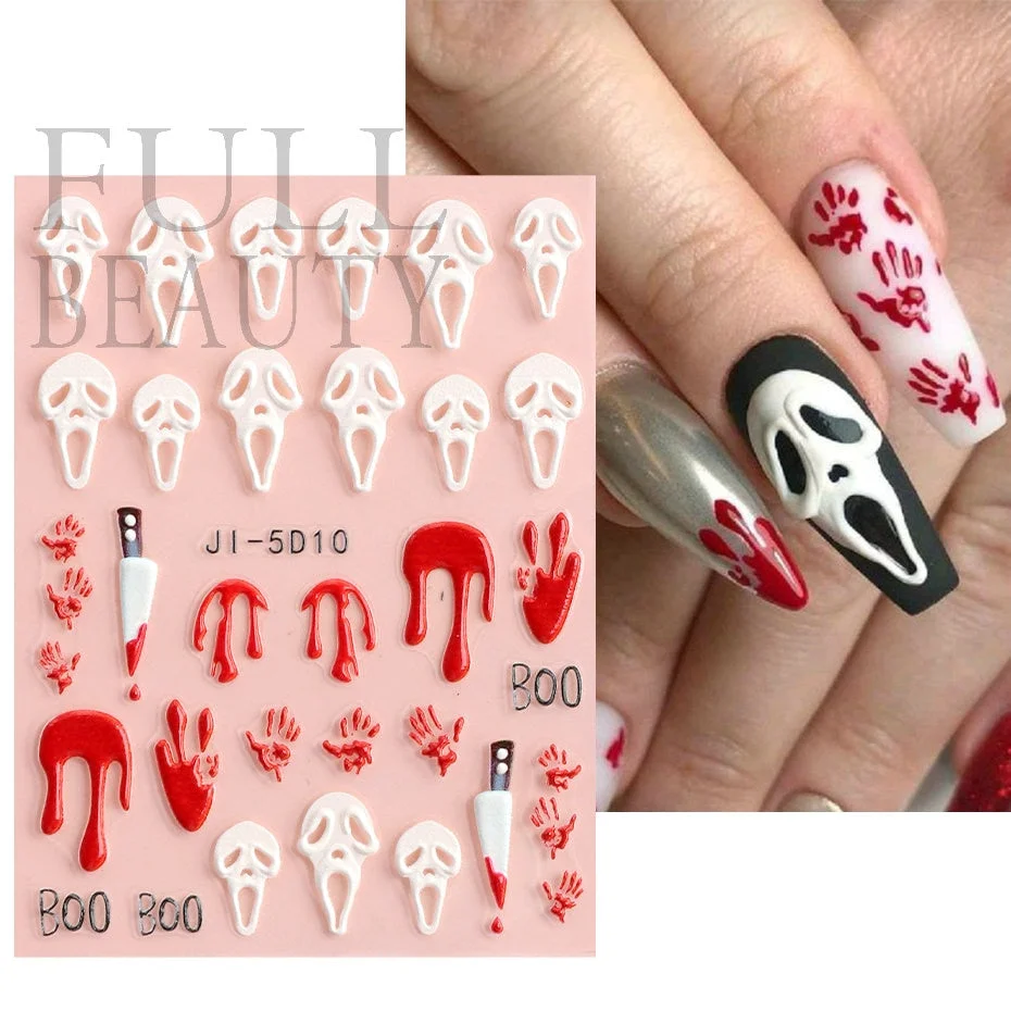 Xpoko Halloween Nail Halloween Ghost Face Embossed Nails Stickers Bloody Skeleton Bones Skull Rose 5D Relief Slider Nail Art Decoration Decal JI-5D10