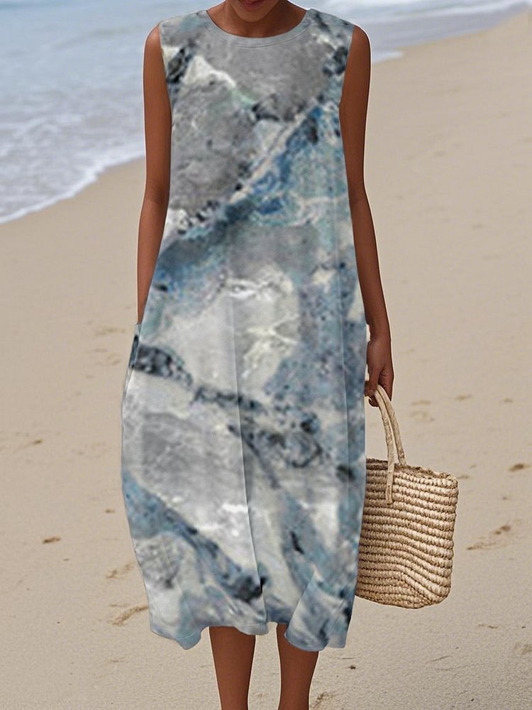 Women's  Marble texture Print Cotton and Linen Dress