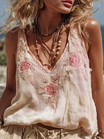 Women‘s Pink Rose Embroidery V-neck Tank Top