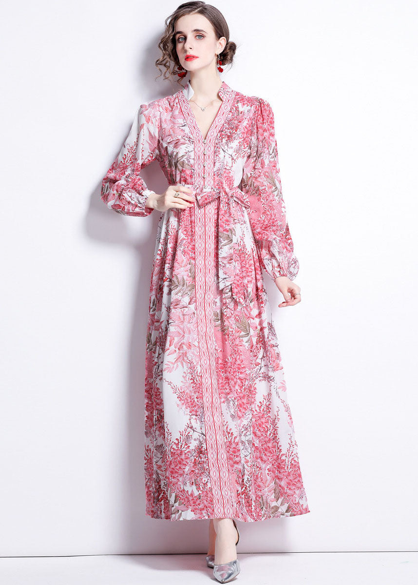 VCSHOES Pink V Neck Tie Waist Print Patchwork Cotton Long Dresses Lantern Sleeve