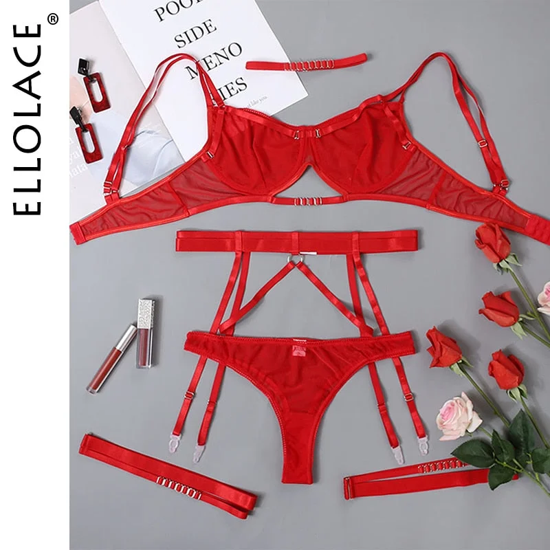 Ellolace Erotic Lingerie Sexy Breves Sets Red Sensual Underwear Push Up Bra with Bones Lace Transparent Seamless Intimate
