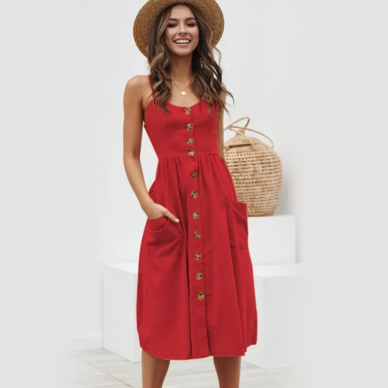Button Striped Print Cotton Casual Beach Summer Dress Sexy Spaghetti Strap Pockets V-neck Off Shoulder Women Midi Dress Vestidos