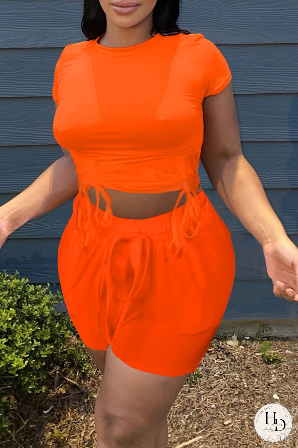 Orange Fashion Solid Draw String O Neck Short Sleeve Two Pieces