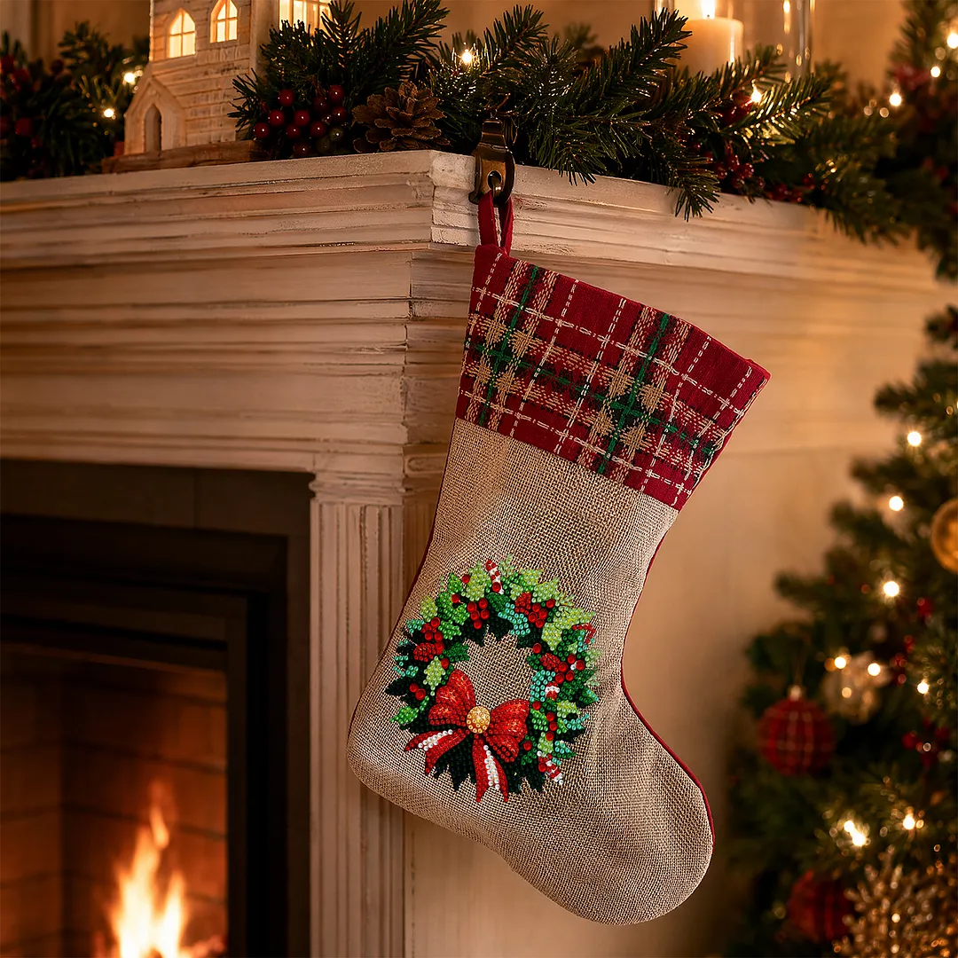 DIY Diamond Painting Christmas Stockings Hanging Ornaments Large Capacity Xmas Socks Pendant Wear Resist Candy Gift Storage Bags for Family Christmas Holiday Party Decoration (Christmas wreath)