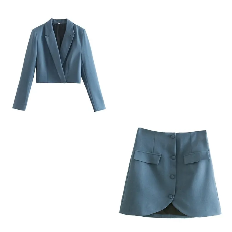 Stylish Elegant Blue Skirt Suits Women 2021 Fashion 2 Buttons Cropped Blazer Faux Pockets Mini Skirts Suits Female Chic Sets