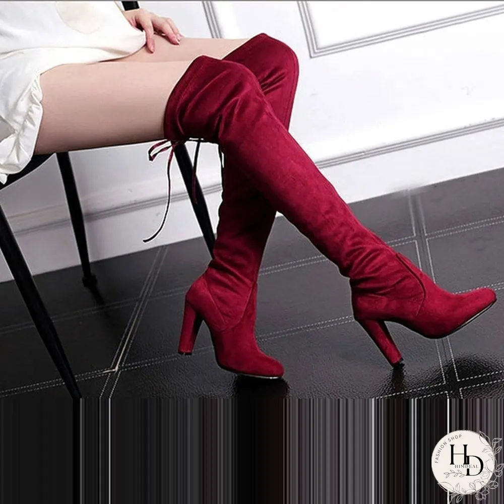 Womens Stretch Slim Thigh High Boots Fashion Over The Knee Heels Size 34-43 Red Black Grey