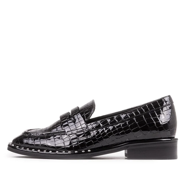Black Lizardstripe Square Toe Low Heel Penny Loafers for Women |FSJ Shoes