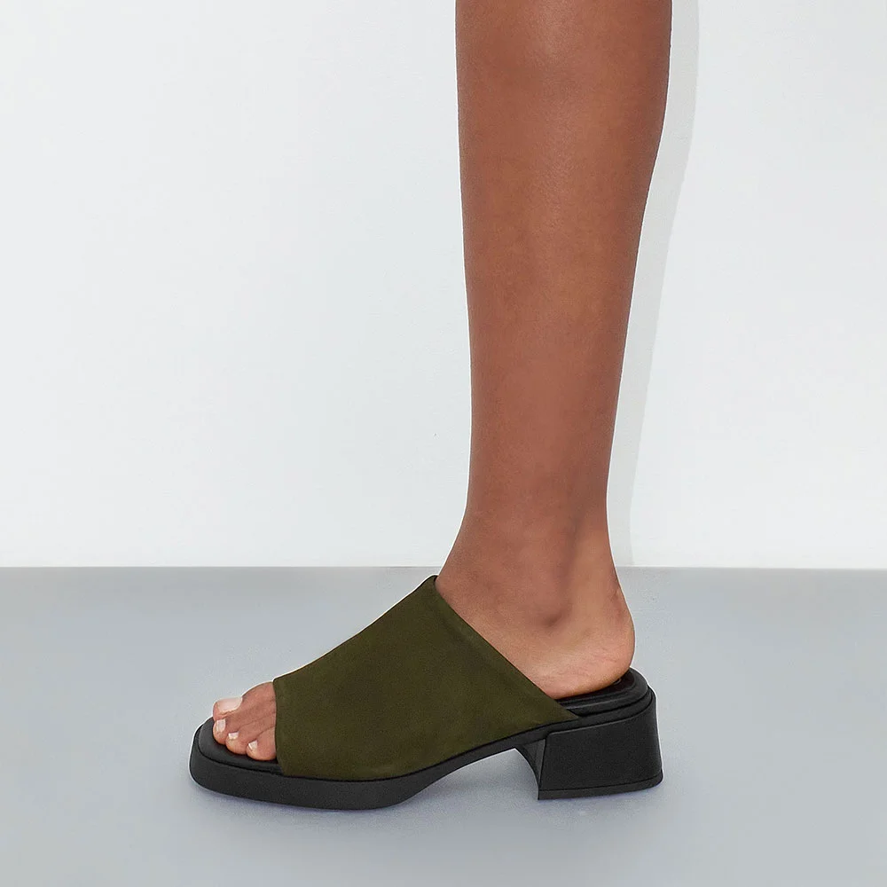 Olive Square Toe Platform Women's Mules Shoes with Chunky Heel