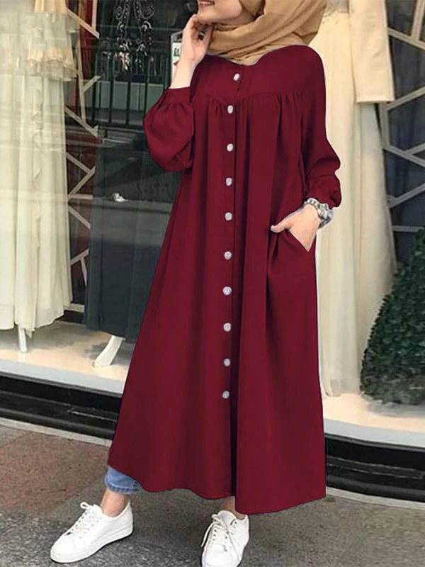 Vintage Buttoned Ruffled Stand Collar Long Sleeves Maxi Dress