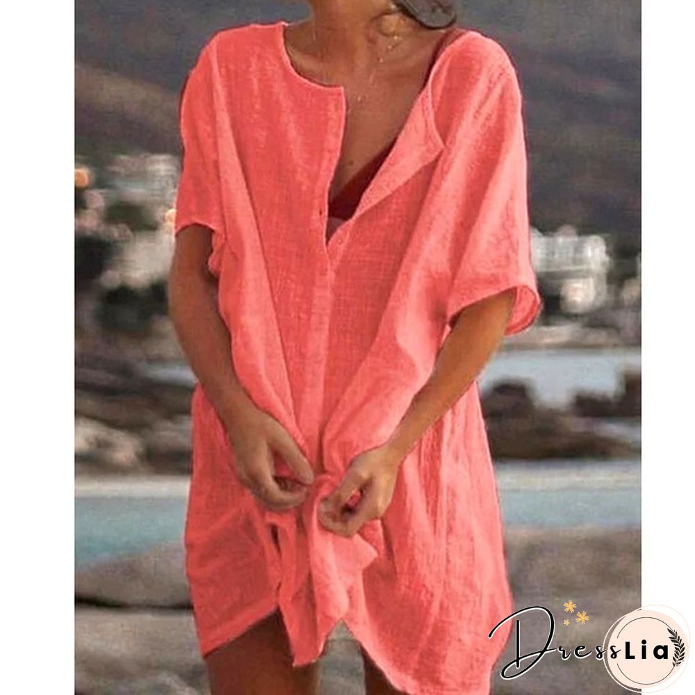 Plus Size Fashion Summer Women's Casual Beach Wear Swimwear Cover-up Linen Dress Loose Short Sleeve Deep V-neck Solid Color Mini Party Dress