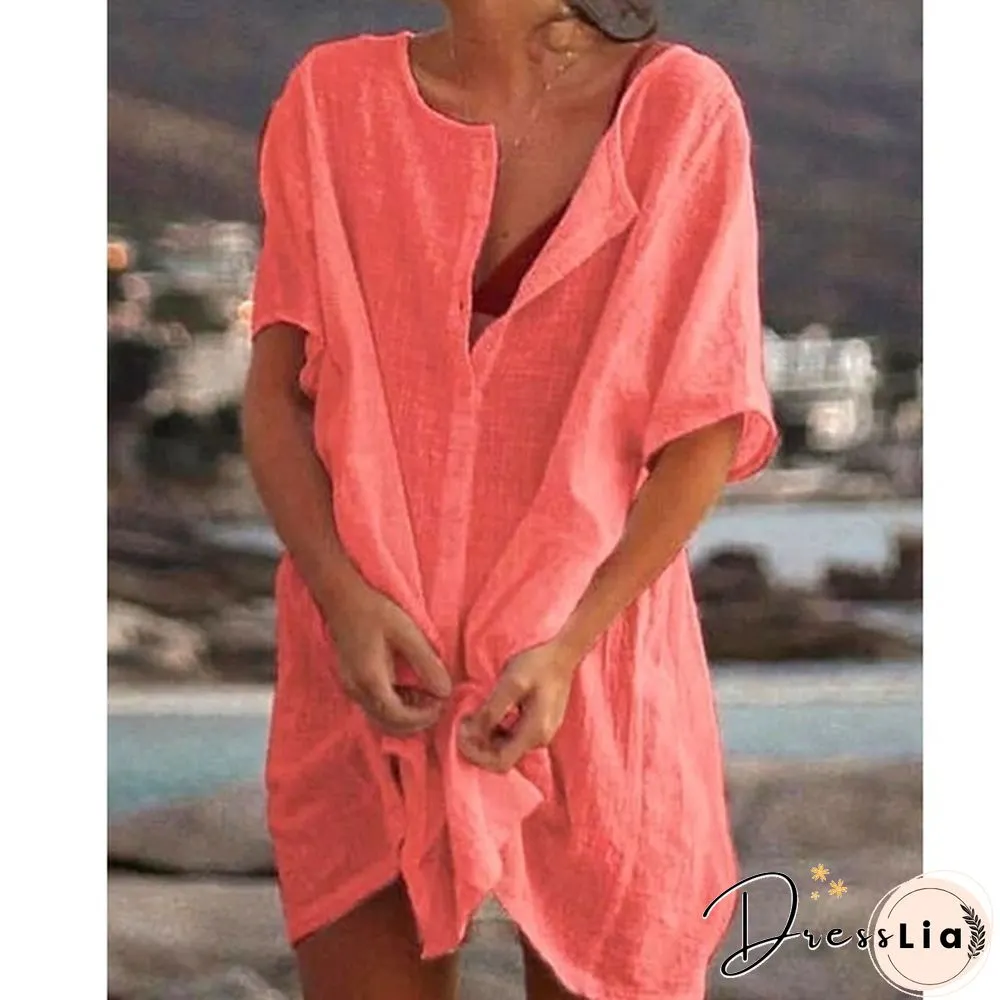 Plus Size Fashion Summer Women's Casual Beach Wear Swimwear Cover-up Linen Dress Loose Short Sleeve Deep V-neck Solid Color Mini Party Dress