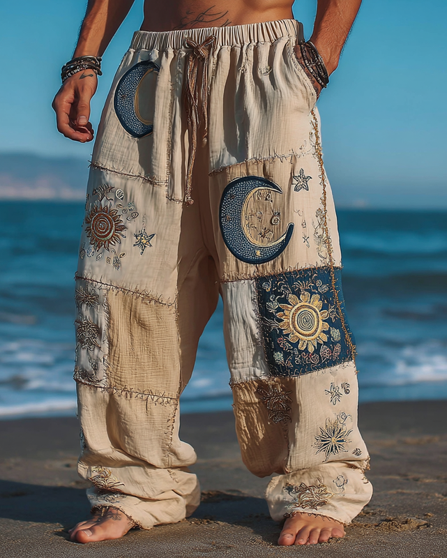 Men's casual star and moon 3D embroidered linen trousers 274a