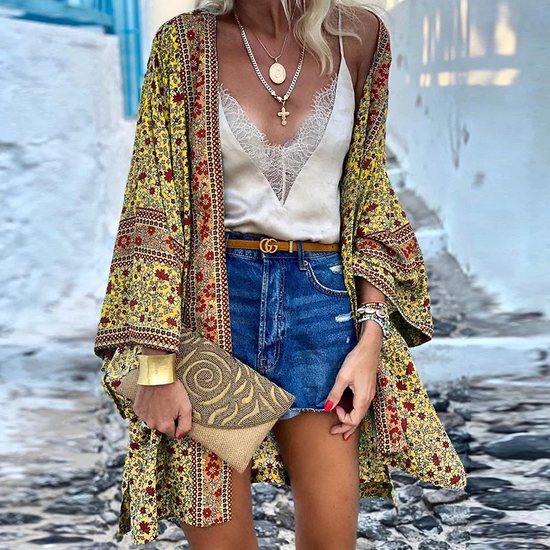 Colourp Colourp 068 Spot Fashion Women's Wear Summer 2023 Thin Loose Bohemian Long Sleeve Print Medium Long Cardigan