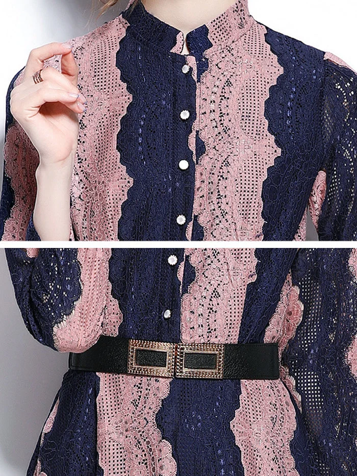 Stand-up Collar Lace Embroidered Long-sleeved Dress