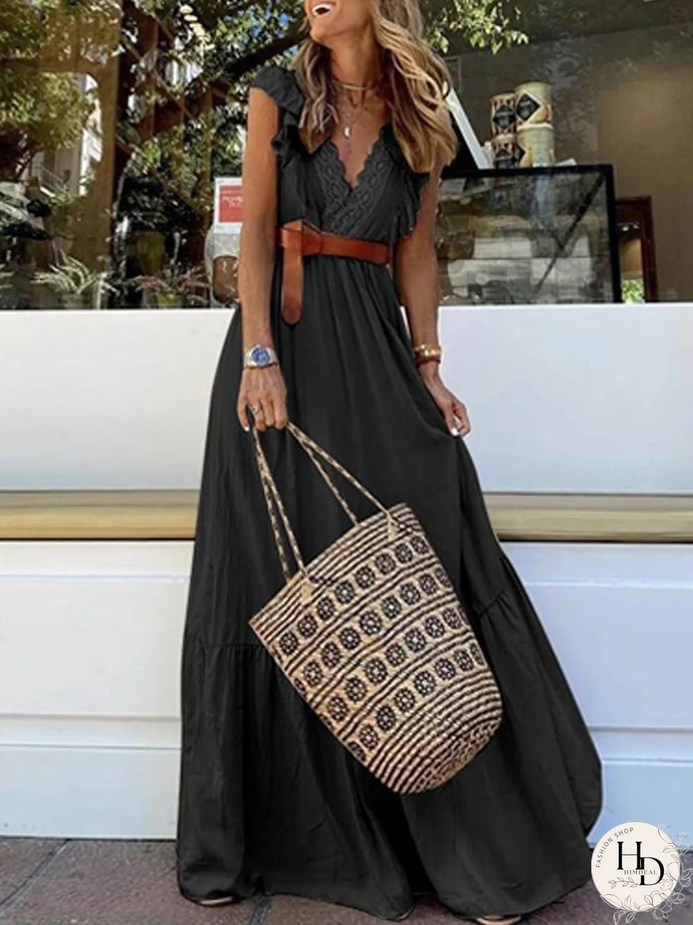 Summer Sexy Sleeveless Deep V Lace Patchwork Dress Ladies Elegant Solid Waist A-Line Dress Women Fashion Pleated Loose Dresses