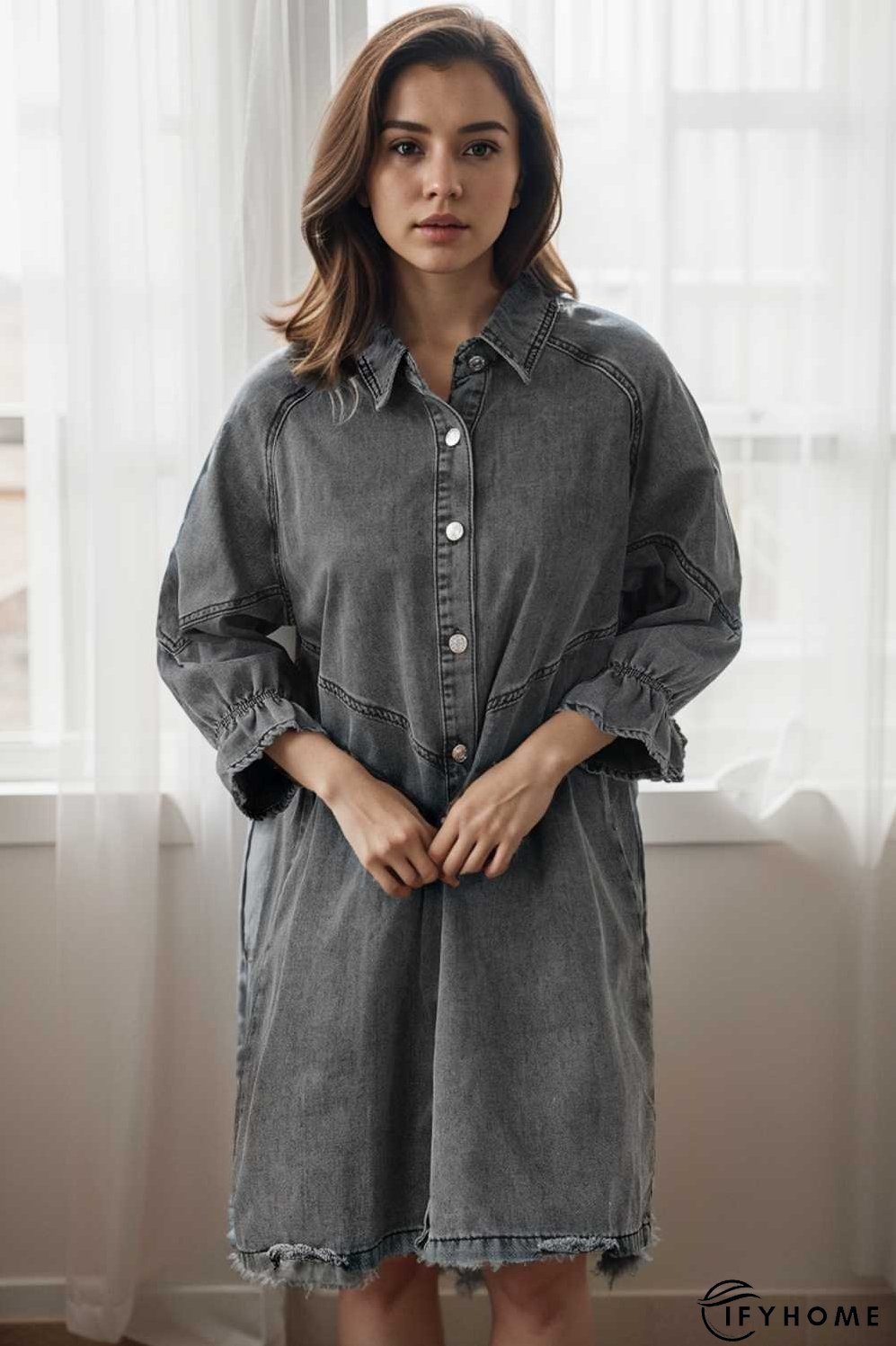 down loose short sleeve denim jean dress drop shoulder a line paneled peasant closed bateau v neck dress | IFYHOME